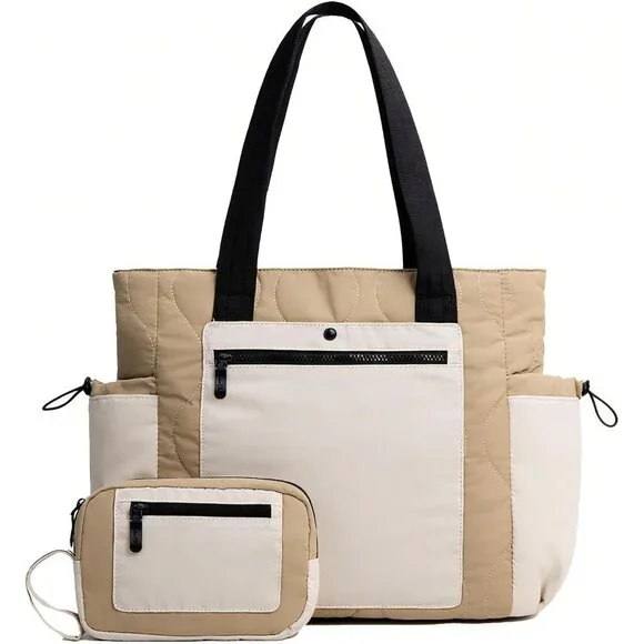 Cream Khaki Lightweight Puffer Tote Bag for Women with Laptop Compartment - Picture 1 of 7